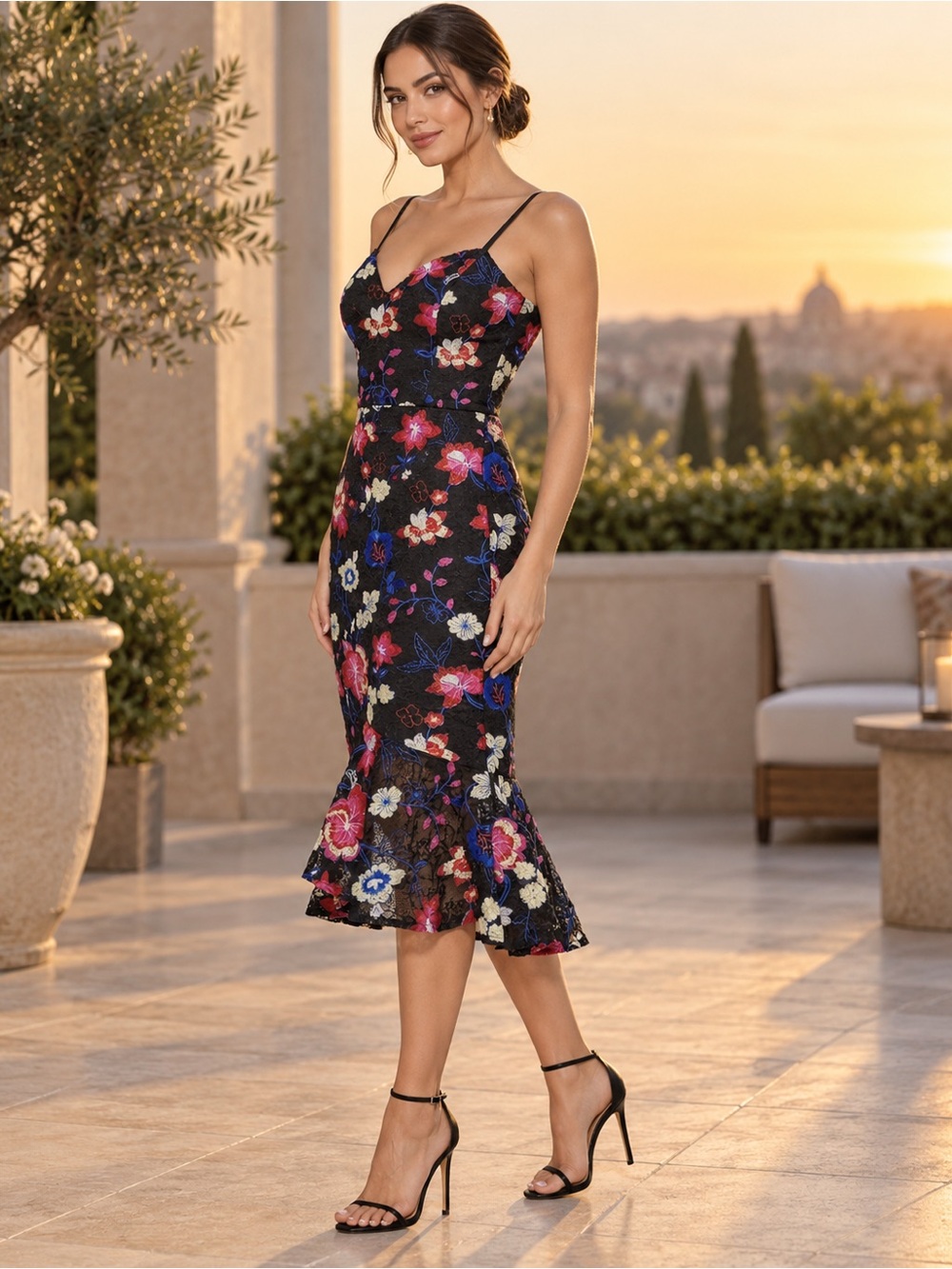 GUESS Black Multi Floral Embroidered Lace Midi Dress